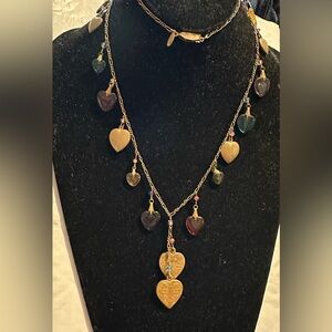 Vintage Glass Works Studio Glass & Brass Heart Charms Multi Color Necklace